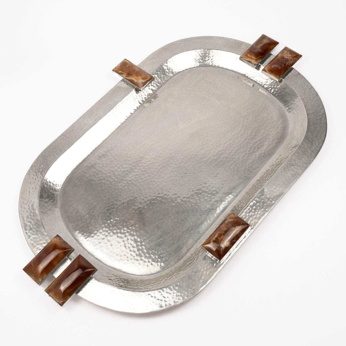 Giselle - Oval Large Silver Tray with Geometric Bordeaux Onyx Detail