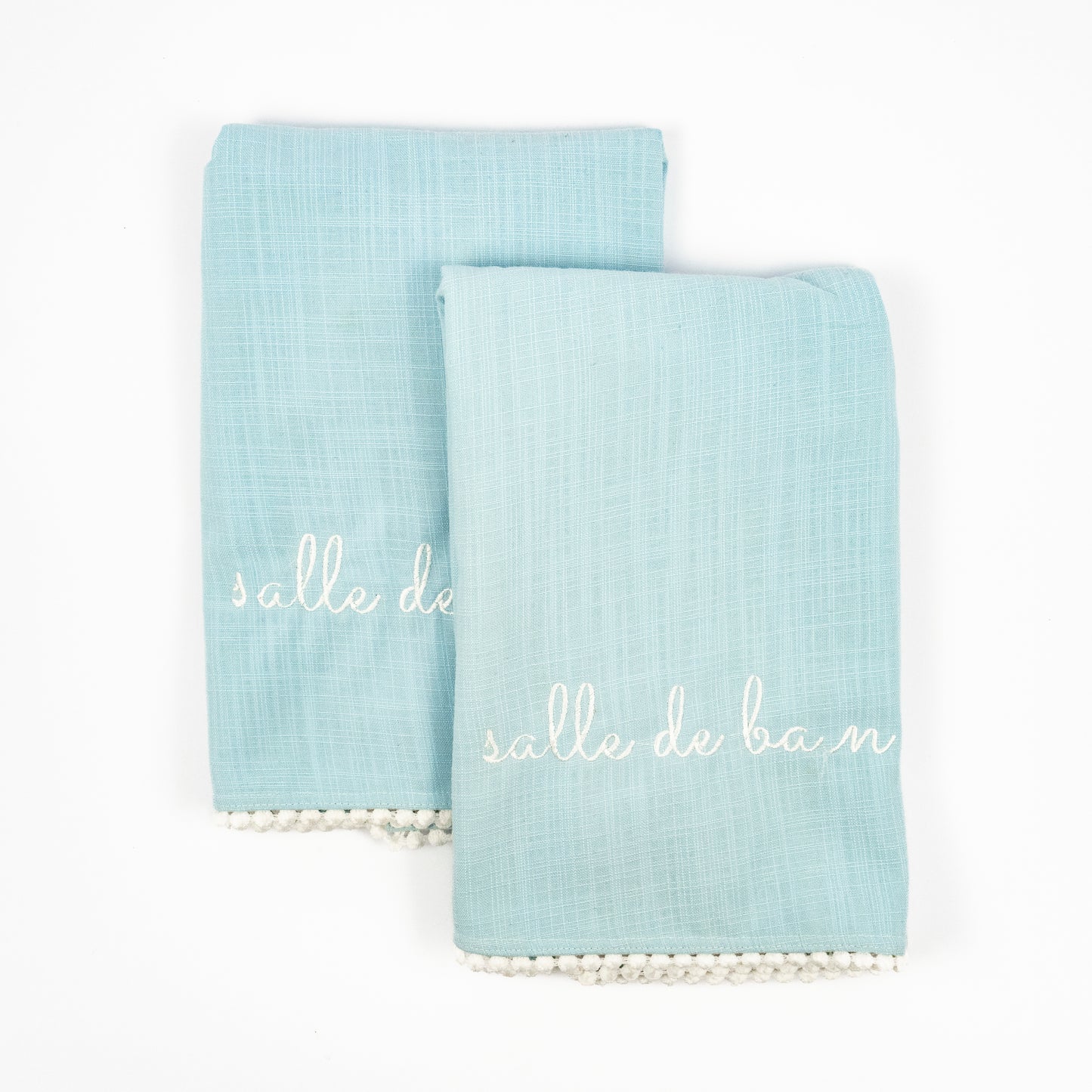 Suzette baby blue linen guest towels, salle de bain embroidery, white pom-pom trim, set of two