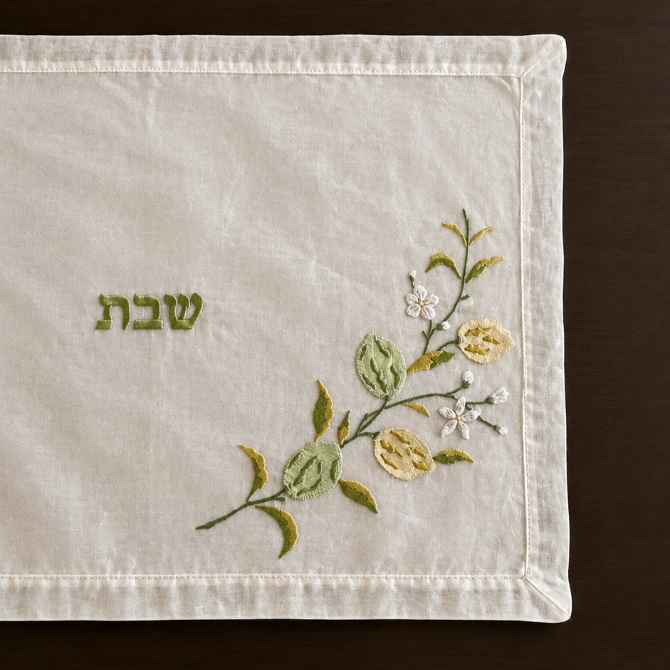 a close up image of a white organza embroidered challah cover with hand embroidered lemons and limes