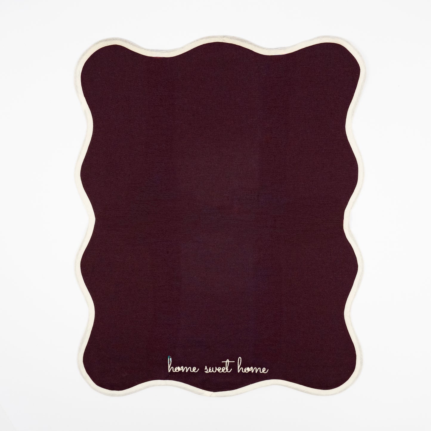 Haley home sweet home aubergine guest towels, cream script embroidery, cream trim, set of two
