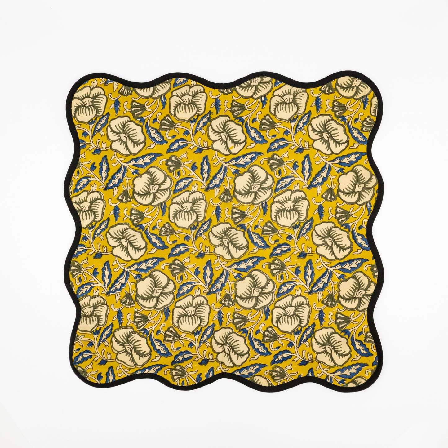 Oliver golden yellow floral block-print cotton dinner napkins, scalloped black border, set of six