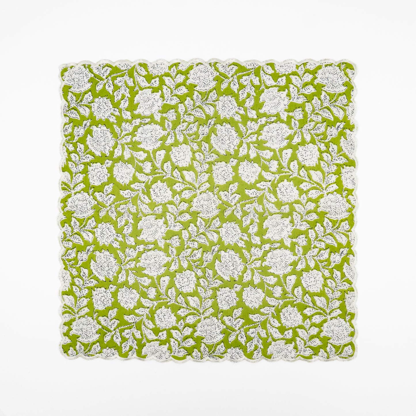 Pippa green floral block-print cotton dinner napkins, scalloped cream edge, set of six
