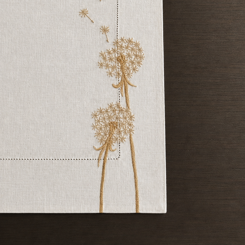 a detailed photo of the Whispera cream linen challah cover with gold hand-embroidered dandelions along both sides, hemstitched border, and gold Shabbat lettering at center