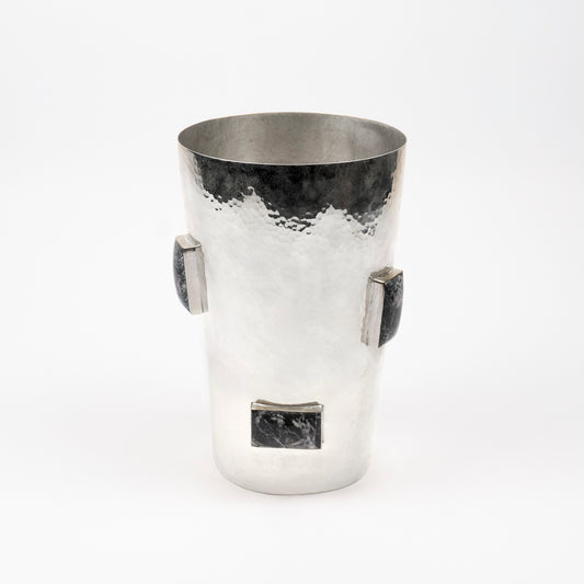 Giselle - Silver Flower Vase with Onyx Geometric Detailing