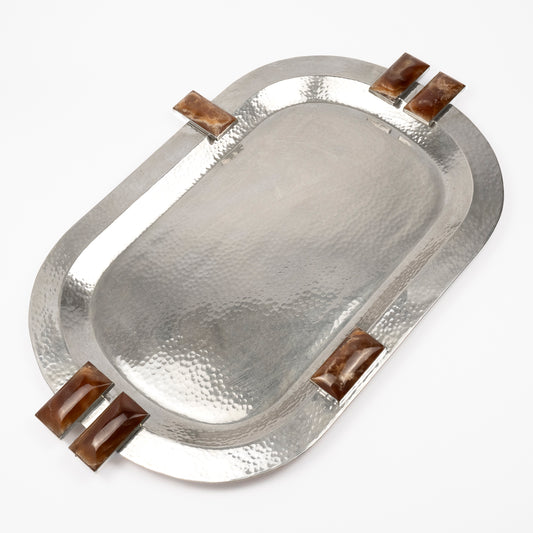 Giselle - Oval Large Silver Tray with Geometric Bordeaux Onyx Detail