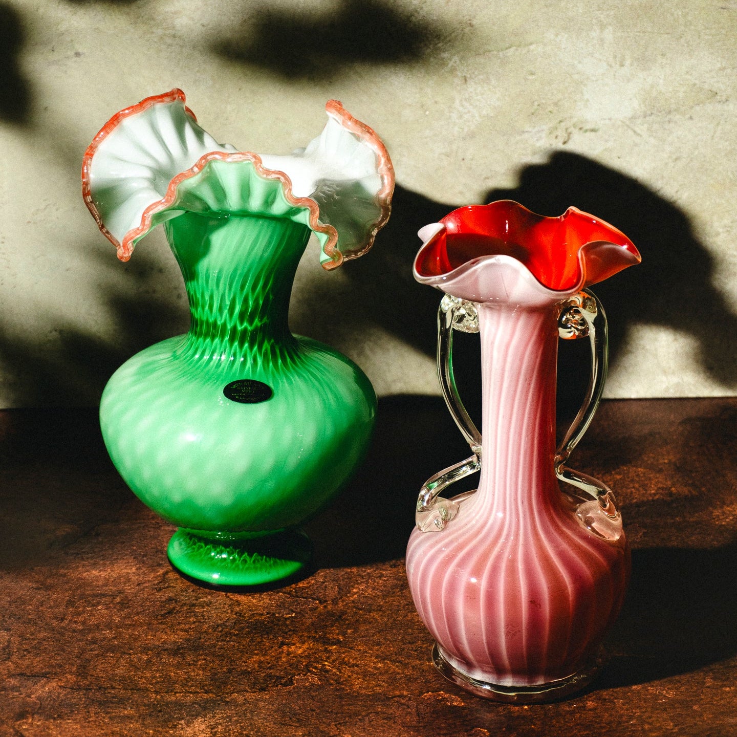 two vintage murano glass vases
