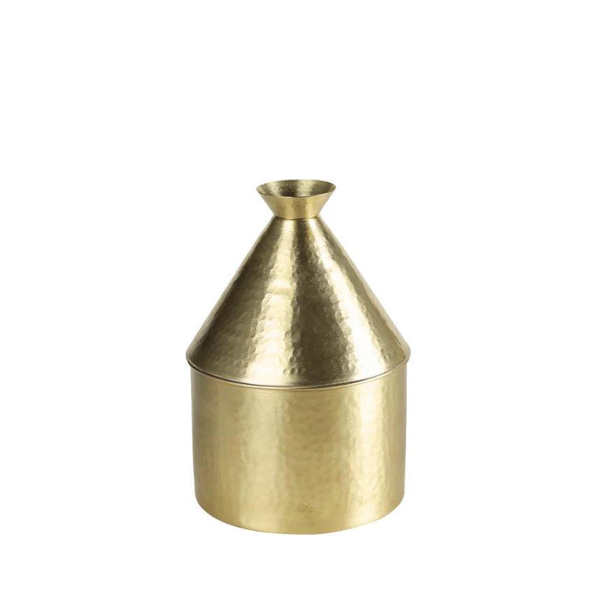 A hammered brass-toned metal container with a conical lid and small spout, shown on a plain white background 