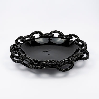 Rassilo ceramic round platter, glossy black glaze, openwork twisted rope chain-link rim