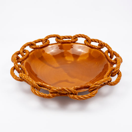 Rassilo ceramic round platter, glossy orange brown glaze, openwork twisted rope chain-link rim