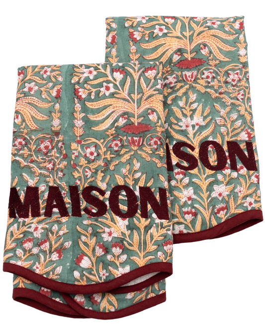 Maison Burgundy and Turq Floral Printed Guest Towels- terry lined