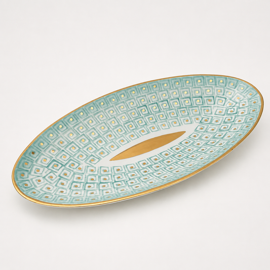 Alize Maiolica ceramic serving platter, oval shape with hand-painted teal geometric pattern and gold rim accent