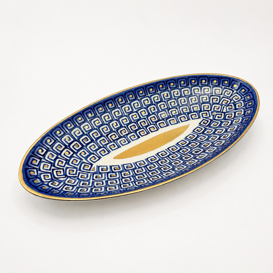 Alonzo Maiolica ceramic serving platter, oval shape with hand-painted navy blue geometric pattern and gold rim accent