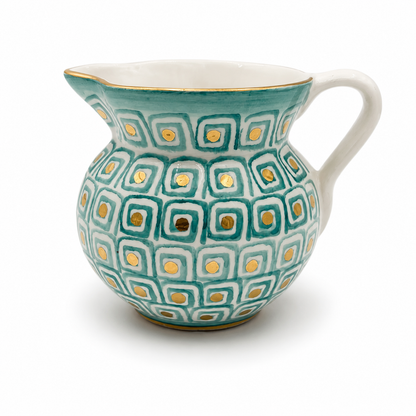 Azorro Maiolica ceramic pitcher, teal geometric pattern with gold accents and white handle