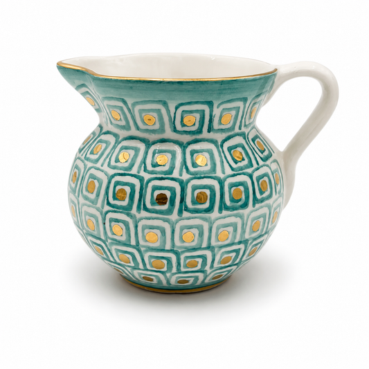 Azorro Maiolica ceramic pitcher, teal geometric pattern with gold accents and white handle