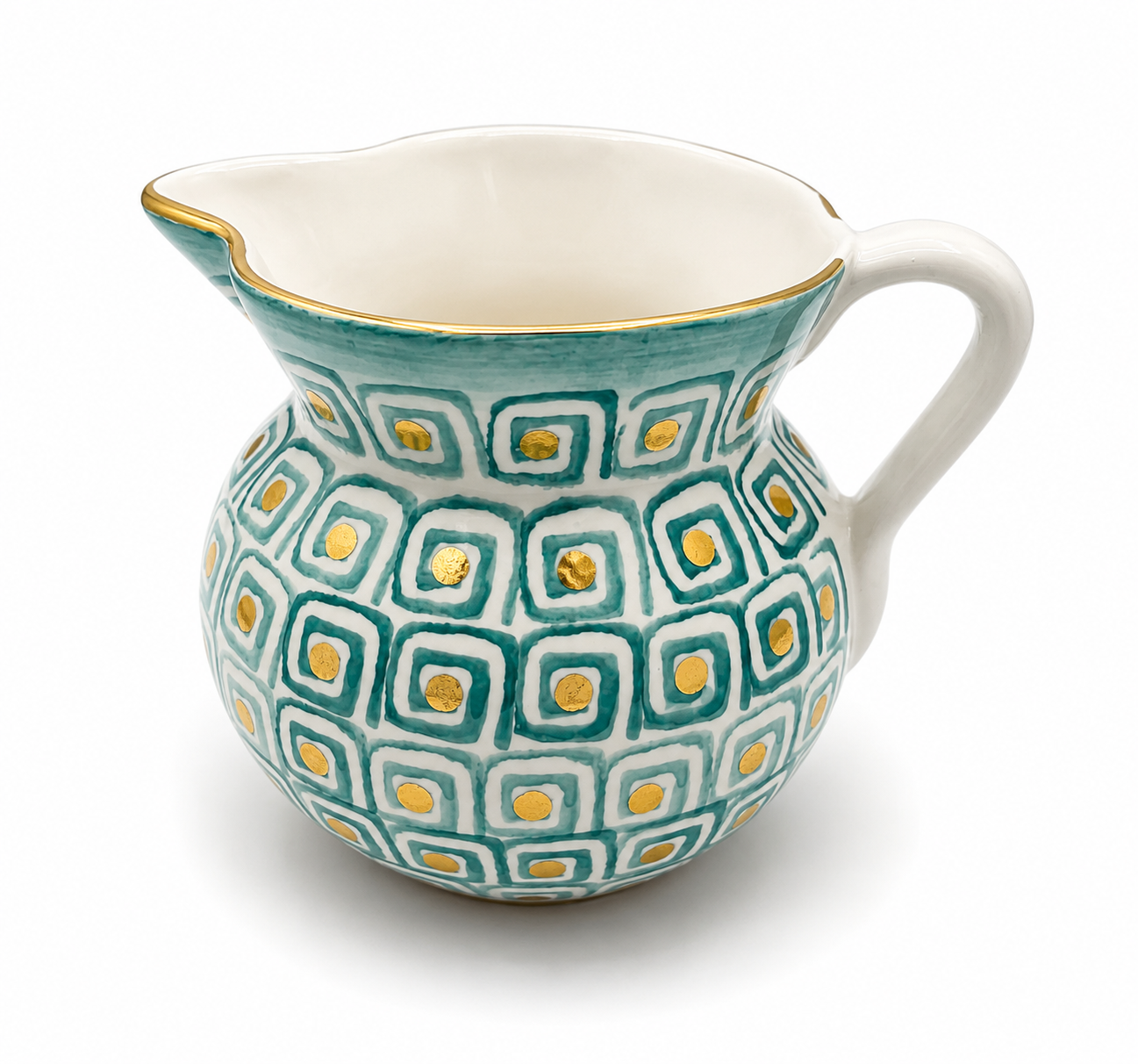 Detail view of Azorro Maiolica ceramic pitcher showing teal geometric pattern and gold dot accents