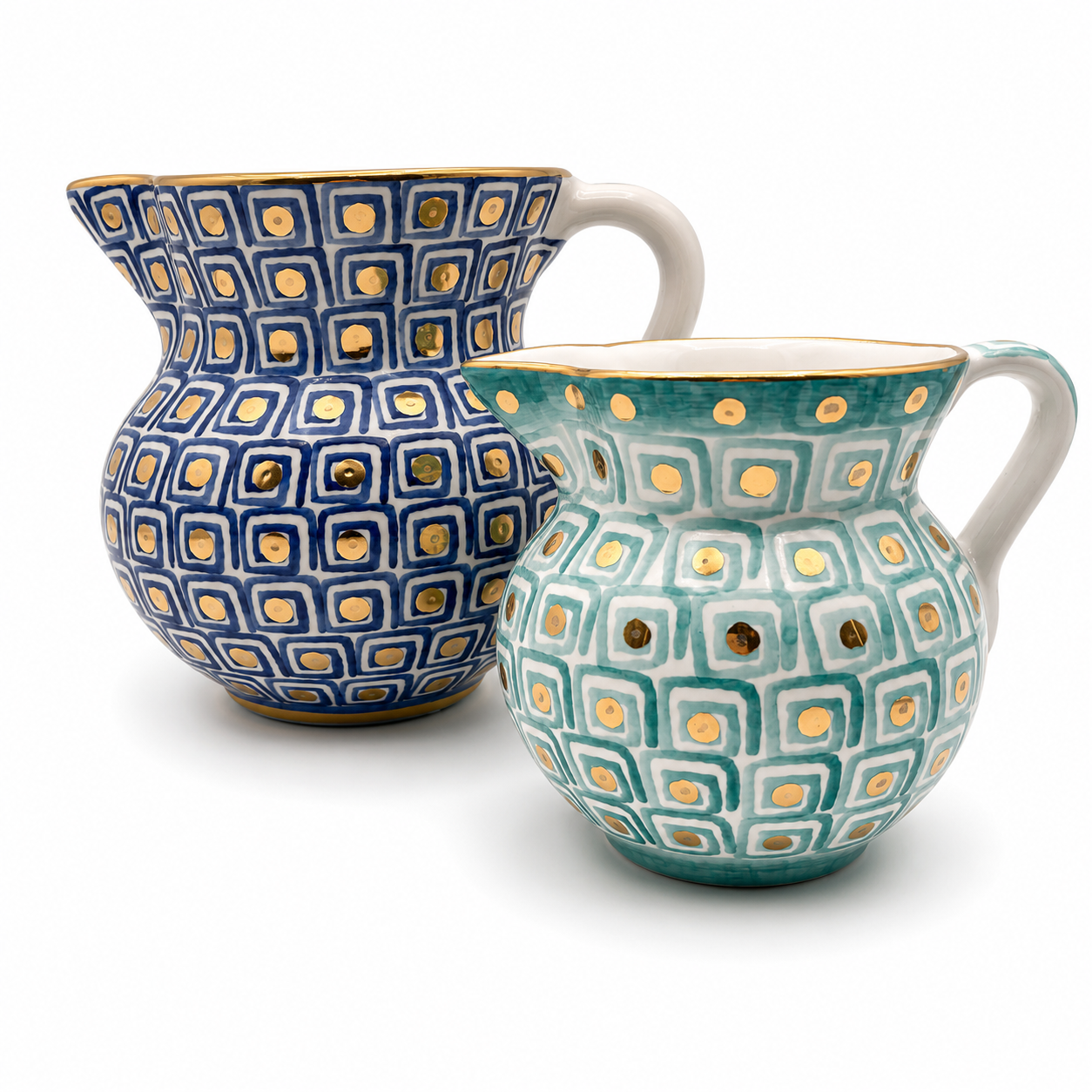 Azorro Maiolica teal ceramic pitcher next to Azzurra Maiolica navy ceramic pitcher for size comparison