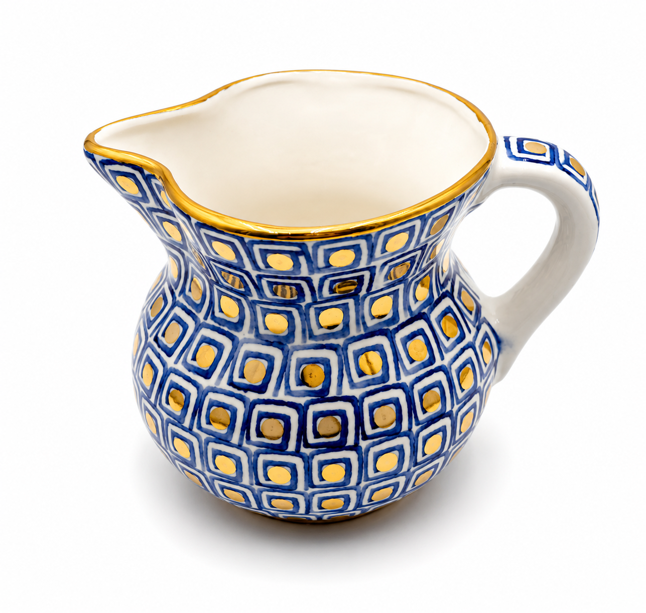 Azzurra Maiolica ceramic pitcher, navy blue geometric pattern with gold accents and white handle