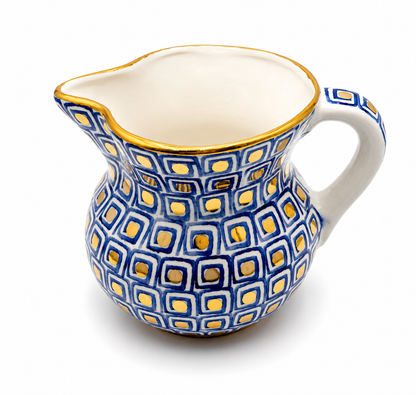 Azzurra Maiolica ceramic pitcher, navy blue geometric pattern with gold accents and white handle