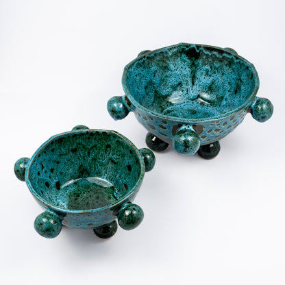 Ballo medium and large ceramic bowl, teal glaze, sculptural bobble details, ball feet, wavy rim