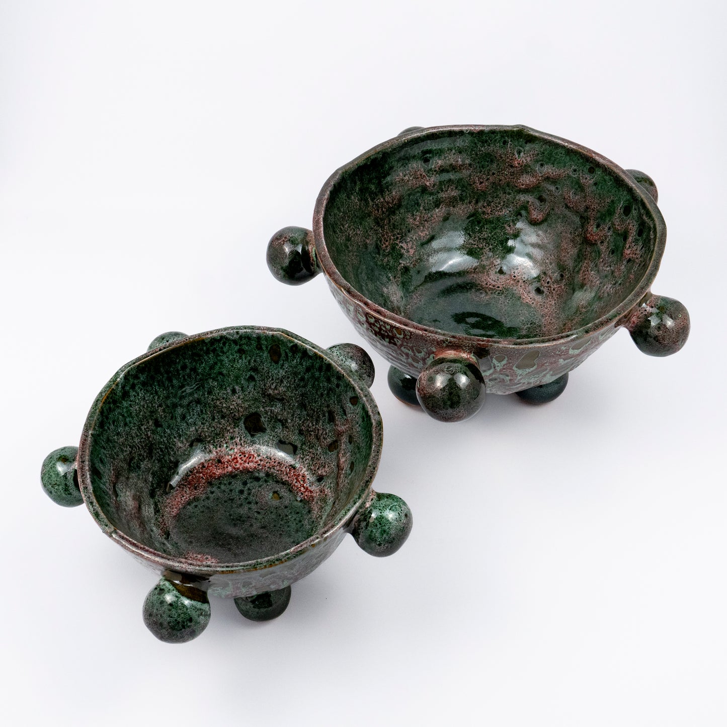 Ballo medium ceramic bowl, mottled green and purple reactive glaze interior, organic rim
