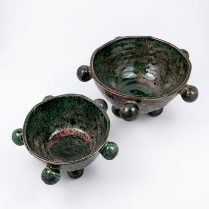 Ballo medium ceramic bowl, mottled green and purple reactive glaze interior, organic rim