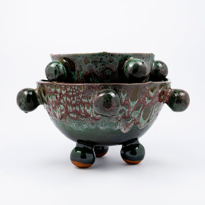 Ballo medium and large ceramic bowl, purple and green reactive glaze, sculptural bobble details, ball feet, wavy rim