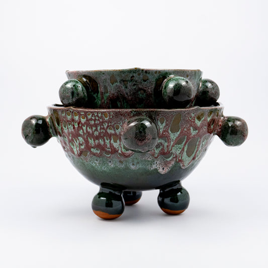 Ballo medium and large ceramic bowl, purple and green reactive glaze, sculptural bobble details, ball feet, wavy rim