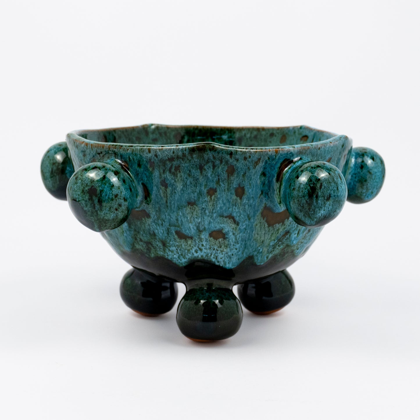 Ballo medium ceramic bowl, mottled teal reactive glaze interior, organic rim