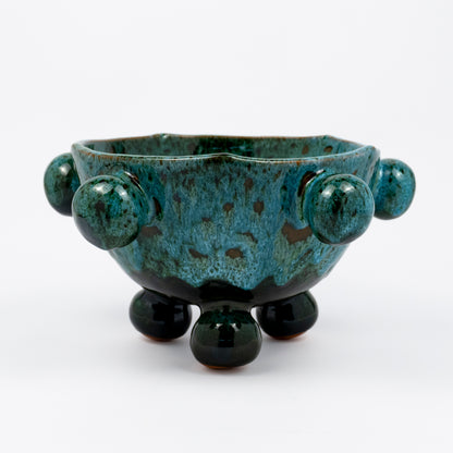 Ballo medium ceramic bowl, mottled teal reactive glaze interior, organic rim