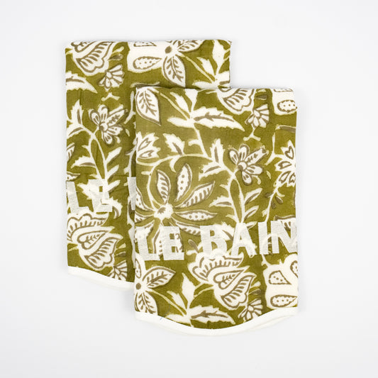Bari Le Bain olive floral block-print guest towels, white LE BAIN embroidery, set of two
