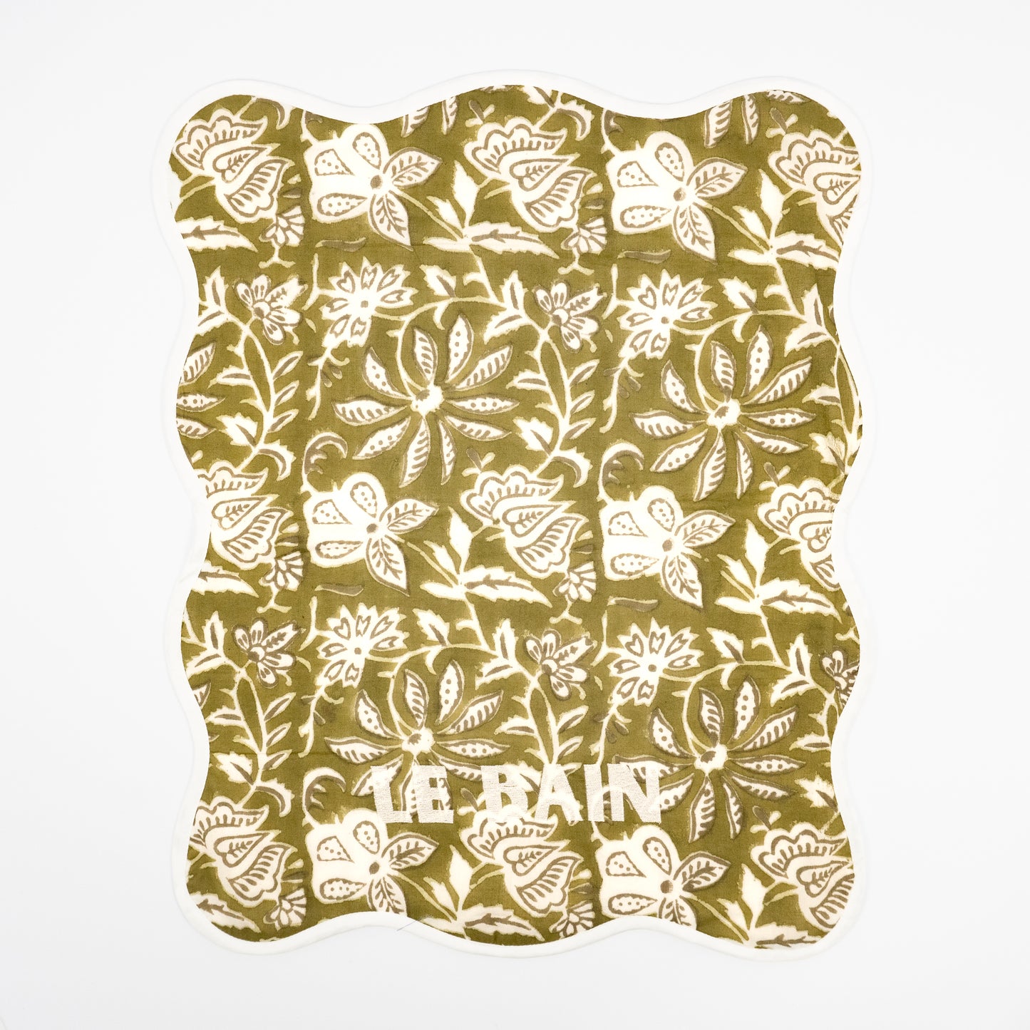 Bari Le Bain olive floral block-print guest towels, white LE BAIN embroidery, set of two