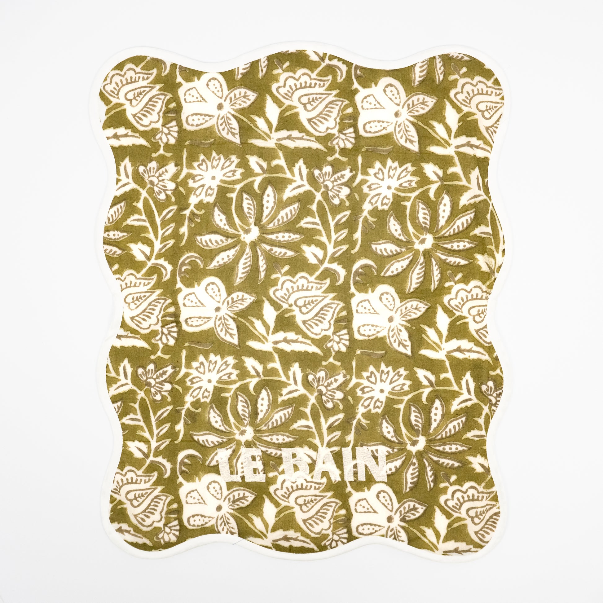Bari Le Bain olive floral block-print guest towels, white LE BAIN embroidery, set of two
