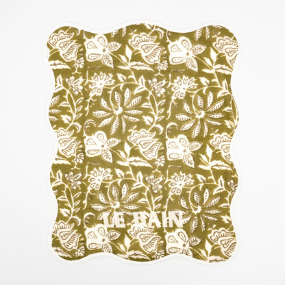Bari Le Bain olive floral block-print guest towels, white LE BAIN embroidery, set of two