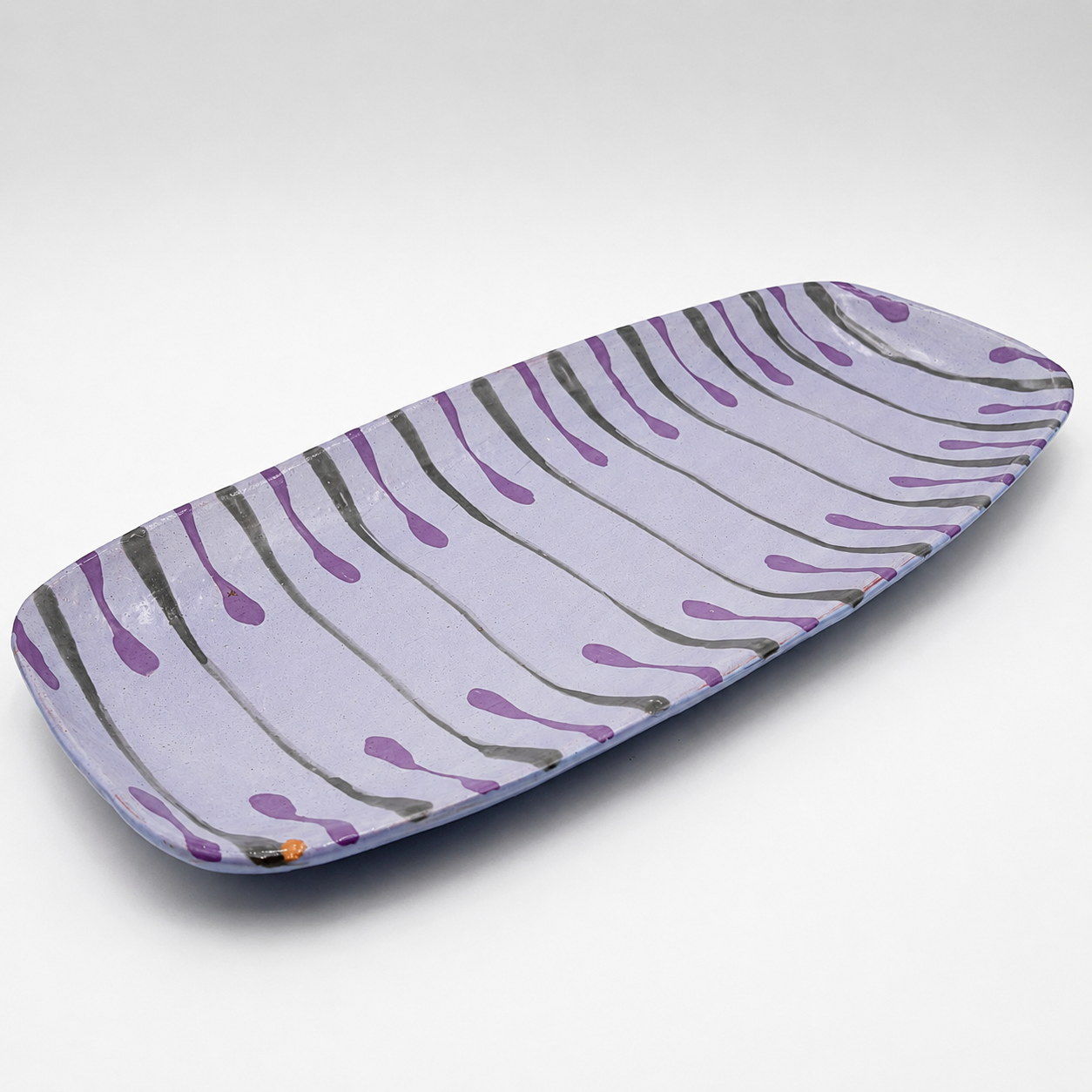 Beni oven-safe ceramic serving platter, rectangular shape in lavender with hand-painted purple and gray drip pattern