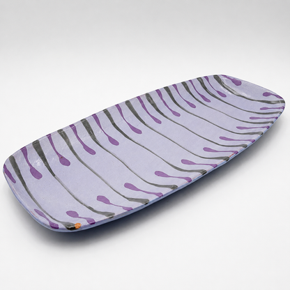 Beni oven-safe ceramic serving platter, rectangular shape in lavender with hand-painted purple and gray drip pattern