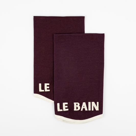 Betti Le Bain aubergine cotton guest towels, cream LE BAIN embroidery, cream trim, set of two