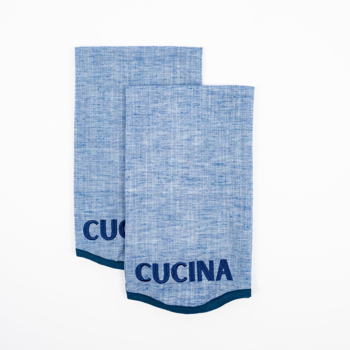 Carla blue chambray linen hand towels, navy CUCINA embroidery, scalloped navy trim, set of two