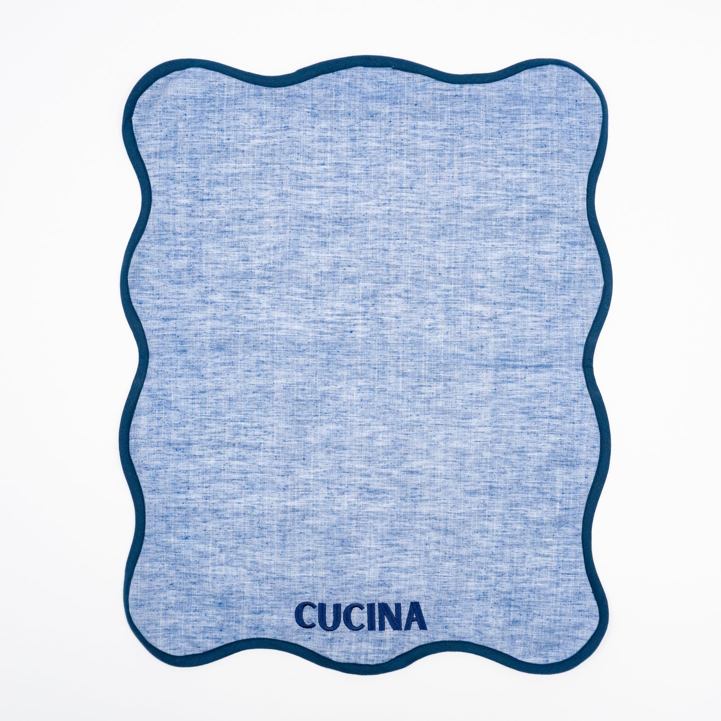 Carla blue chambray linen hand towels, navy CUCINA embroidery, scalloped navy trim, set of two