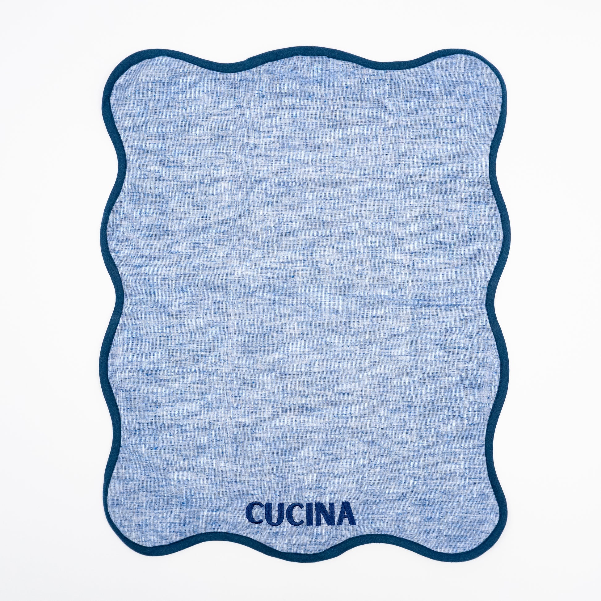 Carla blue chambray linen hand towels, navy CUCINA embroidery, scalloped navy trim, set of two