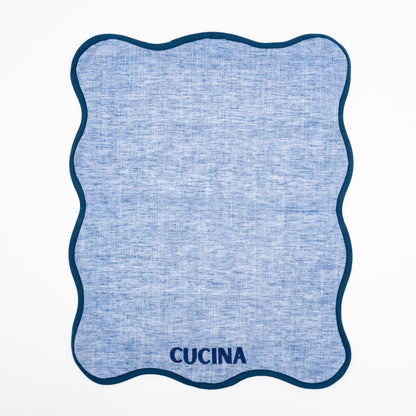 Carla blue chambray linen hand towels, navy CUCINA embroidery, scalloped navy trim, set of two