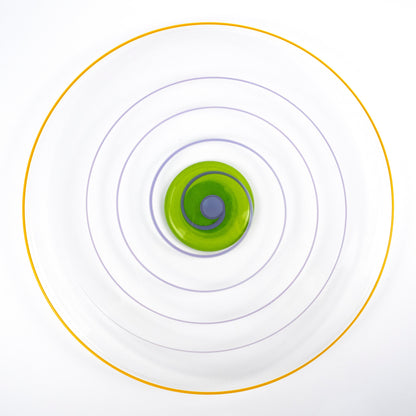 A top-down view of a clear circular plate with concentric rings in yellow, purple, and green, centered on a white background.