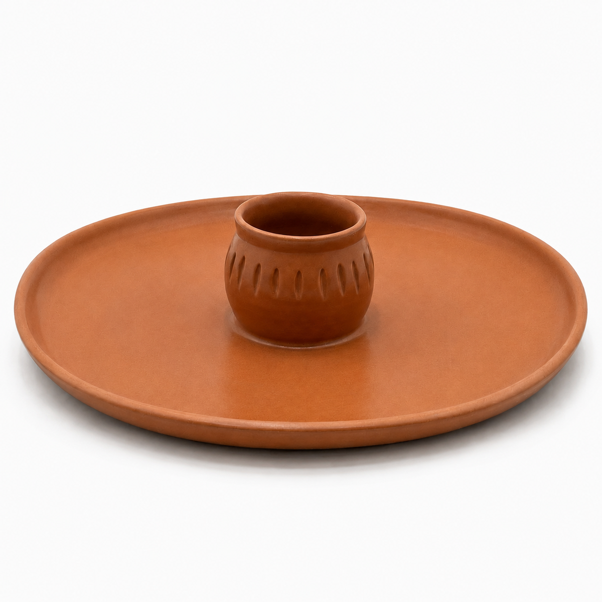 A terracotta colored ceramic chip and dip platter, ideal for hosting and serving appetizers, crudites, chips and dip, and a great hostess gift 