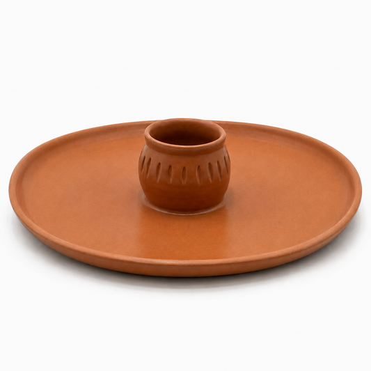 A terracotta colored ceramic chip and dip platter, ideal for hosting and serving appetizers, crudites, chips and dip, and a great hostess gift 
