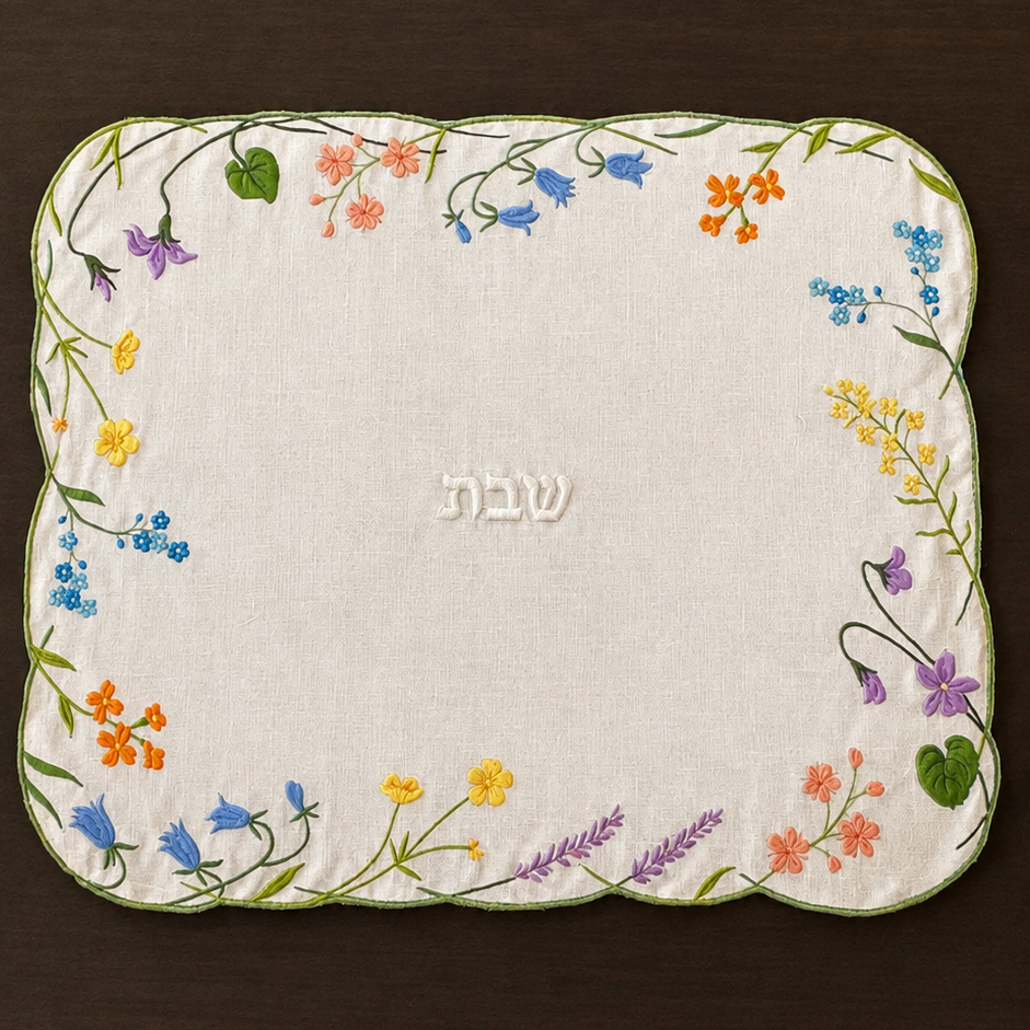 A hand embroidered Shabbat challah cover with a scalloped border featuring colorful wildflowers and green leaves on a cream linen background, with the Hebrew word 'Shabbat' embroidered in the center, displayed on a dark brown wooden surface.