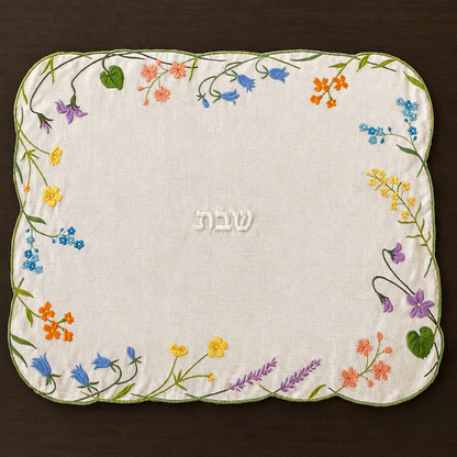 A hand embroidered Shabbat challah cover with a scalloped border featuring colorful wildflowers and green leaves on a cream linen background, with the Hebrew word 'Shabbat' embroidered in the center, displayed on a dark brown wooden surface.