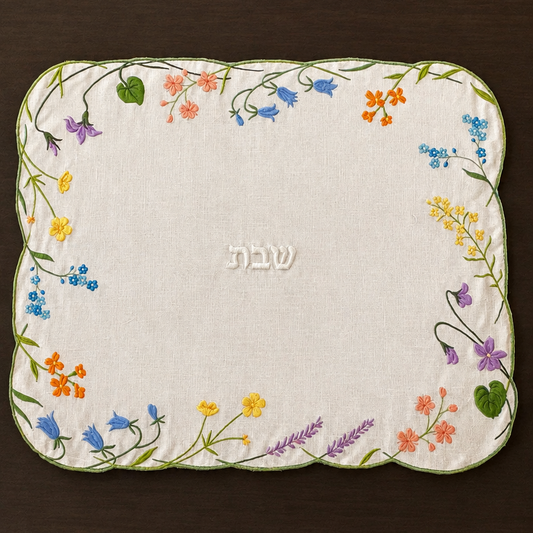 A hand embroidered Shabbat challah cover with a scalloped border featuring colorful wildflowers and green leaves on a cream linen background, with the Hebrew word 'Shabbat' embroidered in the center, displayed on a dark brown wooden surface.