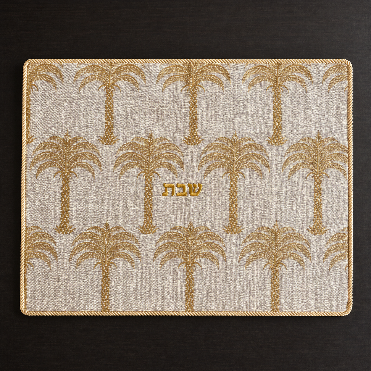 A rectangular challah cover with a cream linen fabric, gold palm tree pattern, and gold Hebrew lettering in the center reading shabbat, photographed from above on a dark wood surface.