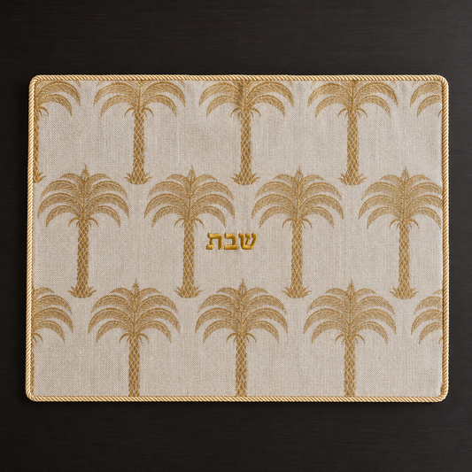 A rectangular challah cover with a cream linen fabric, gold palm tree pattern, and gold Hebrew lettering in the center reading shabbat, photographed from above on a dark wood surface.