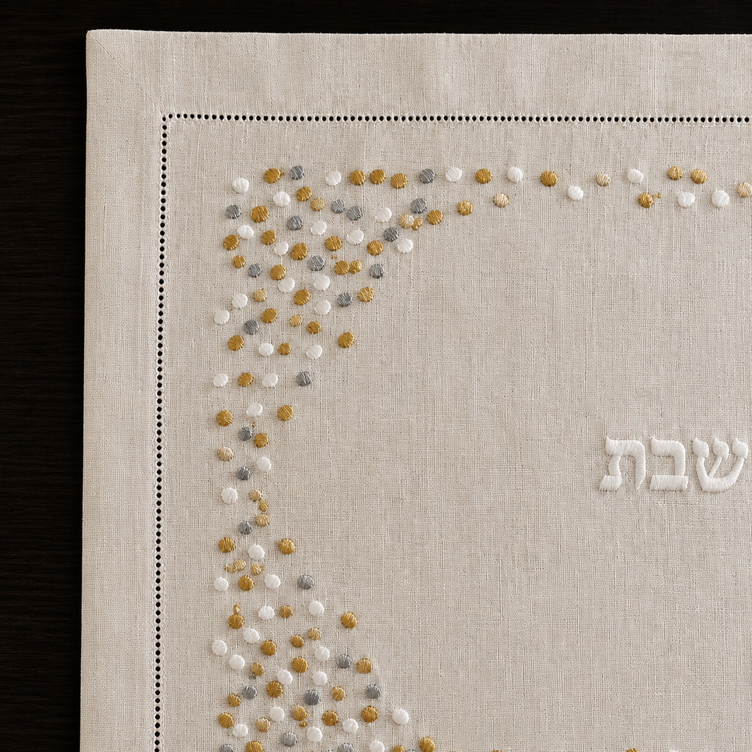 A cream linen Shabbat challah cover with a decorative border of gold and white embroidered dots and the Hebrew word 'Shabbat' in the center, displayed flat on a dark wood background.