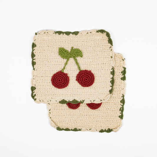 Cerise cream crochet cotton pot holders, red cherry motif, scalloped green trim, set of two